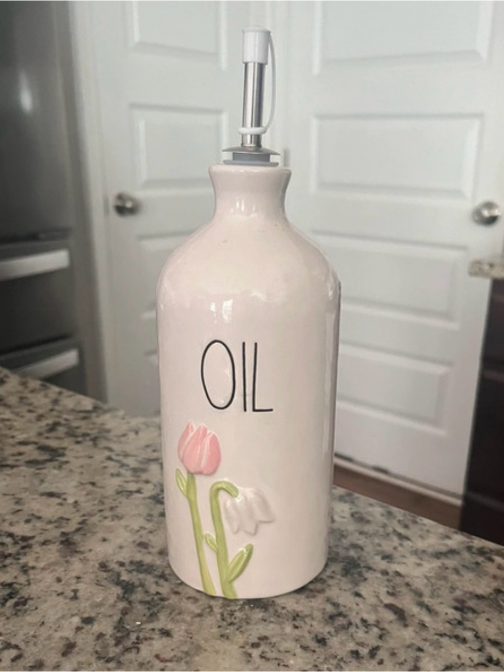 Rae Dunn Ceramic Oil Pourer with Tulip Design - White and Pink
